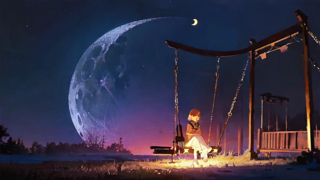 Eerie Illustration.
Make a night view of a park on a star-filled night.
A girl with long, straight hair sits on a swing in the corner of the screen, silhouetted against a large crescent moon.
There is other playground equipment.
The mood should be mysterious, with elements of serenity and eeriness mixed in.
A little horror.