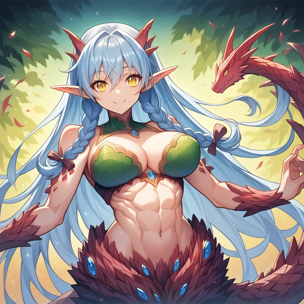 masterpiece, best quality, ultra-detailed,very detailed illustrations, extremely detailed, super complex details,extremely detailed 8k cg wallpaper,(beautiful and aesthetic:1.2), (1girl), (fractal art:1.3), cute young girl, light blue hair, long hair, small braids hair, yellow eyes, elf ears, dragon tail, dragon thorn, muscular body, big breast, smile