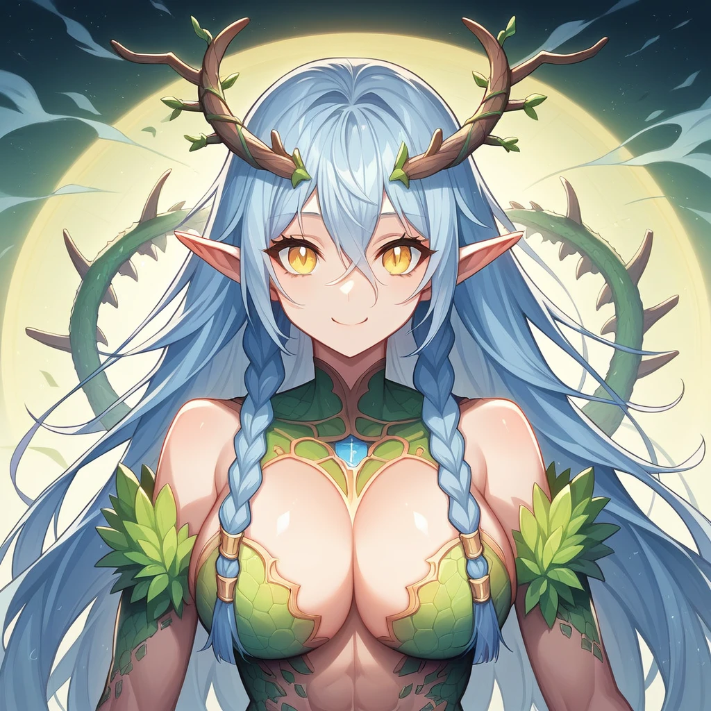 masterpiece, best quality, ultra-detailed,very detailed illustrations, extremely detailed, super complex details,extremely detailed 8k cg wallpaper,(beautiful and aesthetic:1.2), (1girl), (fractal art:1.3), cute young girl, light blue hair, long hair, small braids hair, yellow eyes, elf ears, dragon tail, dragon thorn, muscular body, big breast, smile