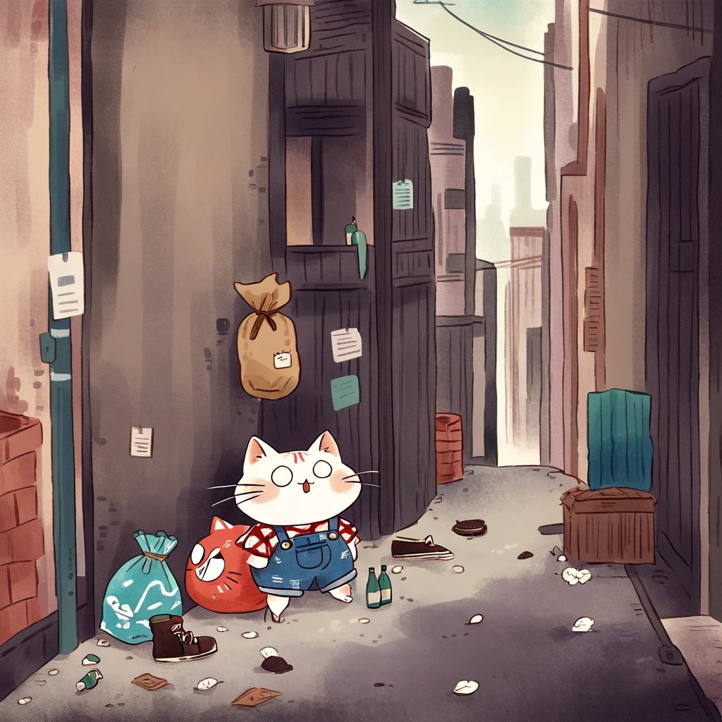 Depicts a very pitiful anthropomorphic kitten，Wearing a tattered red linen shirt and denim overalls, Worn-out cloth shoes, Carrying an oversized bag, Higher than oneself. This, Kittens are placed in a city alley, A dark corner of the city，The ground is littered with trash and bottles. Images should be presented in a vector illustration style, Keep the original concept，But turning it into a clearer, A more stylized form，Emphasizes the contrast between the innocence of the characters and the severity of their urban surroundings.