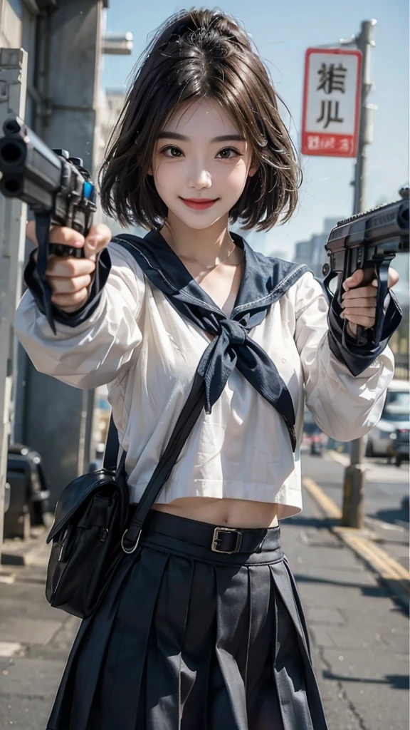 Close-up of a young girl holding two guns and aiming at the audience,Wearing a blue ultra-short pleated skirt,Smiling emoticon