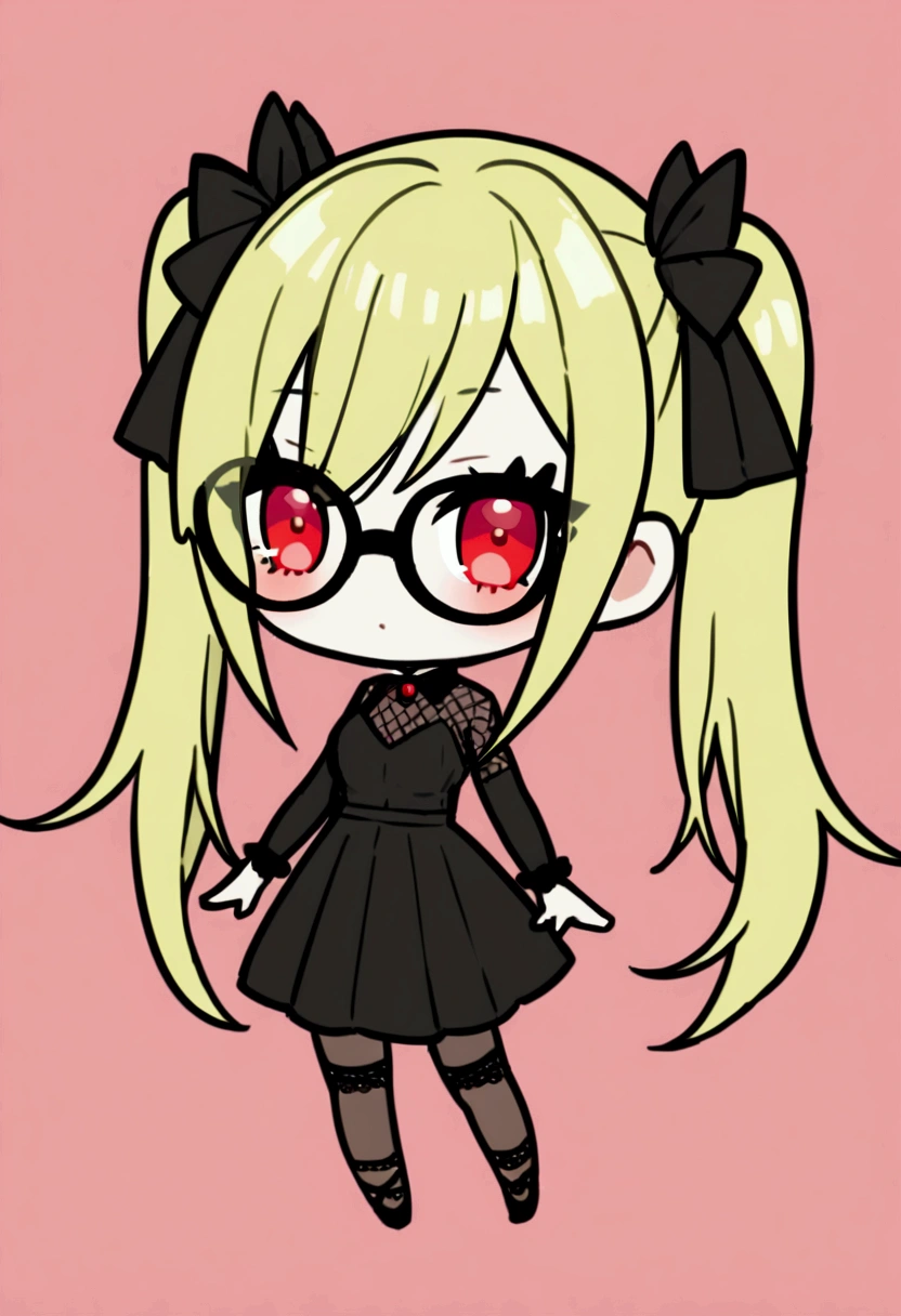 1girl, lime long hair, two pigtails, red eyes, glasses, black gotchic dress, mesh stockings, short, medium breasts, chibi style simple background