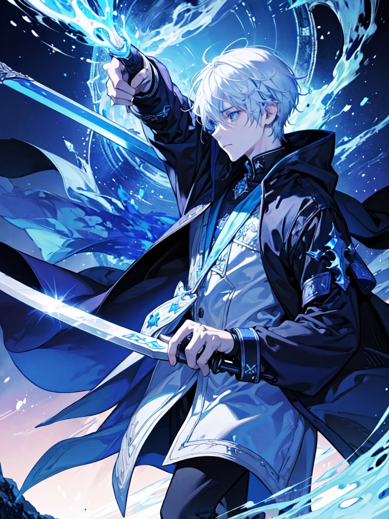 Wizard a young man, he has a silver hair and blue eyes, he wear a hood and wear gloves , hold sword with hand.