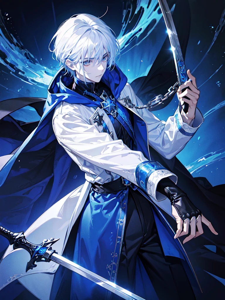 Wizard a young man, he has a silver hair and blue eyes, he wear a hood and wear gloves , hold sword with hand.