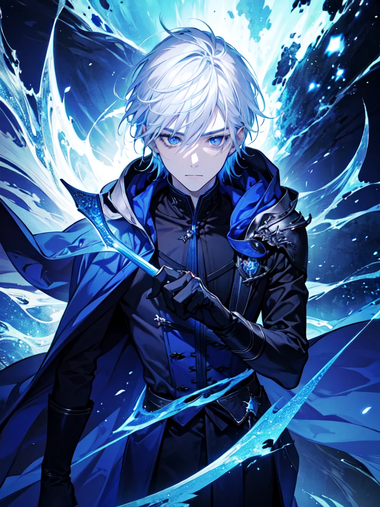 Wizard a young man, he has a silver hair and blue eyes, he wear a hood and wear gloves , hold sword with hand.
