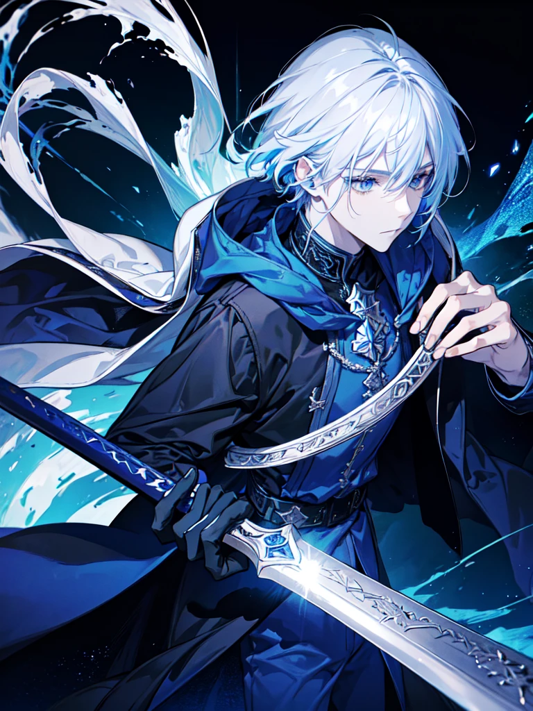 Wizard a young man, he has a silver hair and blue eyes, he wear a hood and wear gloves , hold sword with hand.
