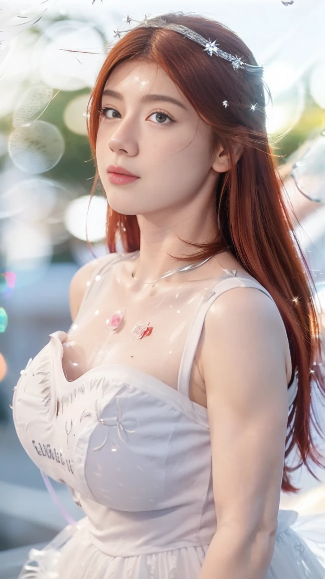 Georgeous, beautiful, beautiful, baby face, Freckles, Red hair, blush , 15 years, White skin, super cleavage, ((Big colossal chest:1.3)), sleeveless, off the shoulder, strapless, ((Transparent:1.3)), ((Long white lolita dress)), (Embroidery), posing, ((silver hair)), ((bright blue eye)), ((muscles:1.3)), ((bokeh:1.3)), Animal farmer background, Masterpiece, two tails