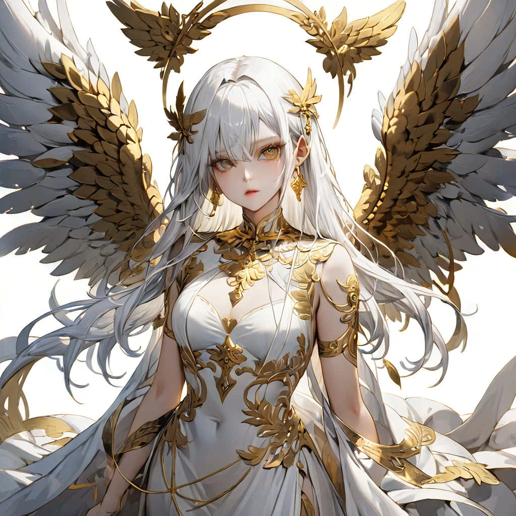 masterpiece Highest quality goddess White Hair Golden Eyes White Dress Gold work Gold accessories White Wings