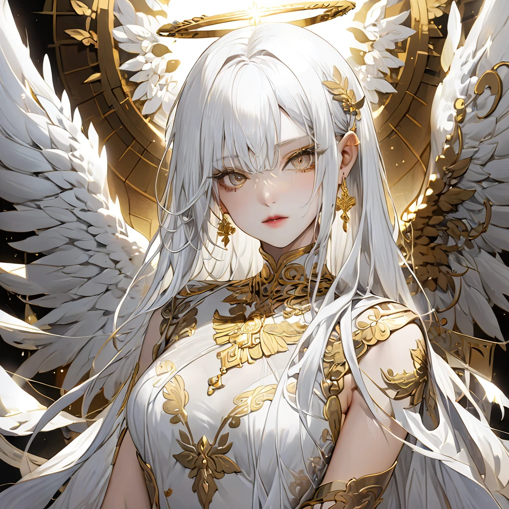 masterpiece Highest quality goddess White Hair Golden Eyes White Dress Gold work Gold accessories White Wings