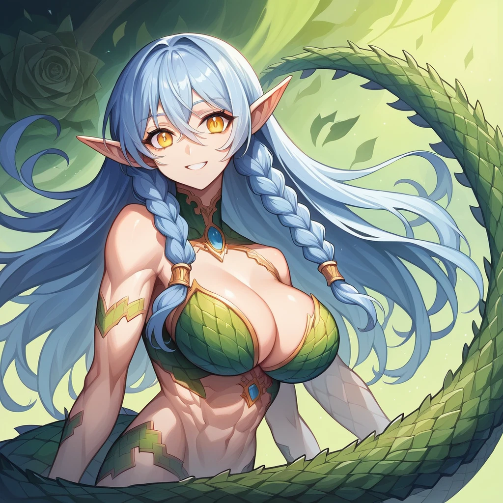 masterpiece, best quality, ultra-detailed,very detailed illustrations, extremely detailed, super complex details,extremely detailed 8k cg wallpaper,(beautiful and aesthetic:1.2), (1girl), (fractal art:1.3), cute young girl, light blue hair, long hair, small braids hair, yellow eyes, elf ears, dragon tail, dragon thorn, muscular body, big breast, smile