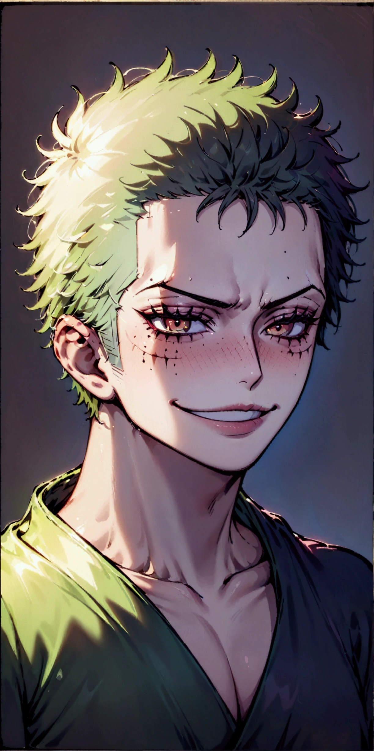 Roronoa zoro from one piece, cyberpunk mode, silhouette, portrait, sadistic smile, 