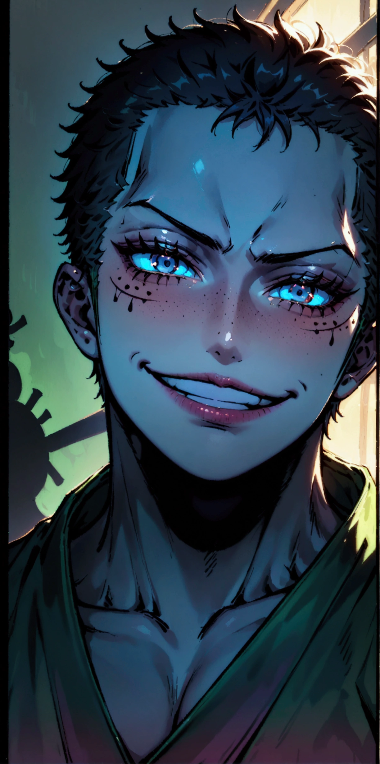 Roronoa zoro from one piece, cyberpunk mode, silhouette, portrait, sadistic smile,