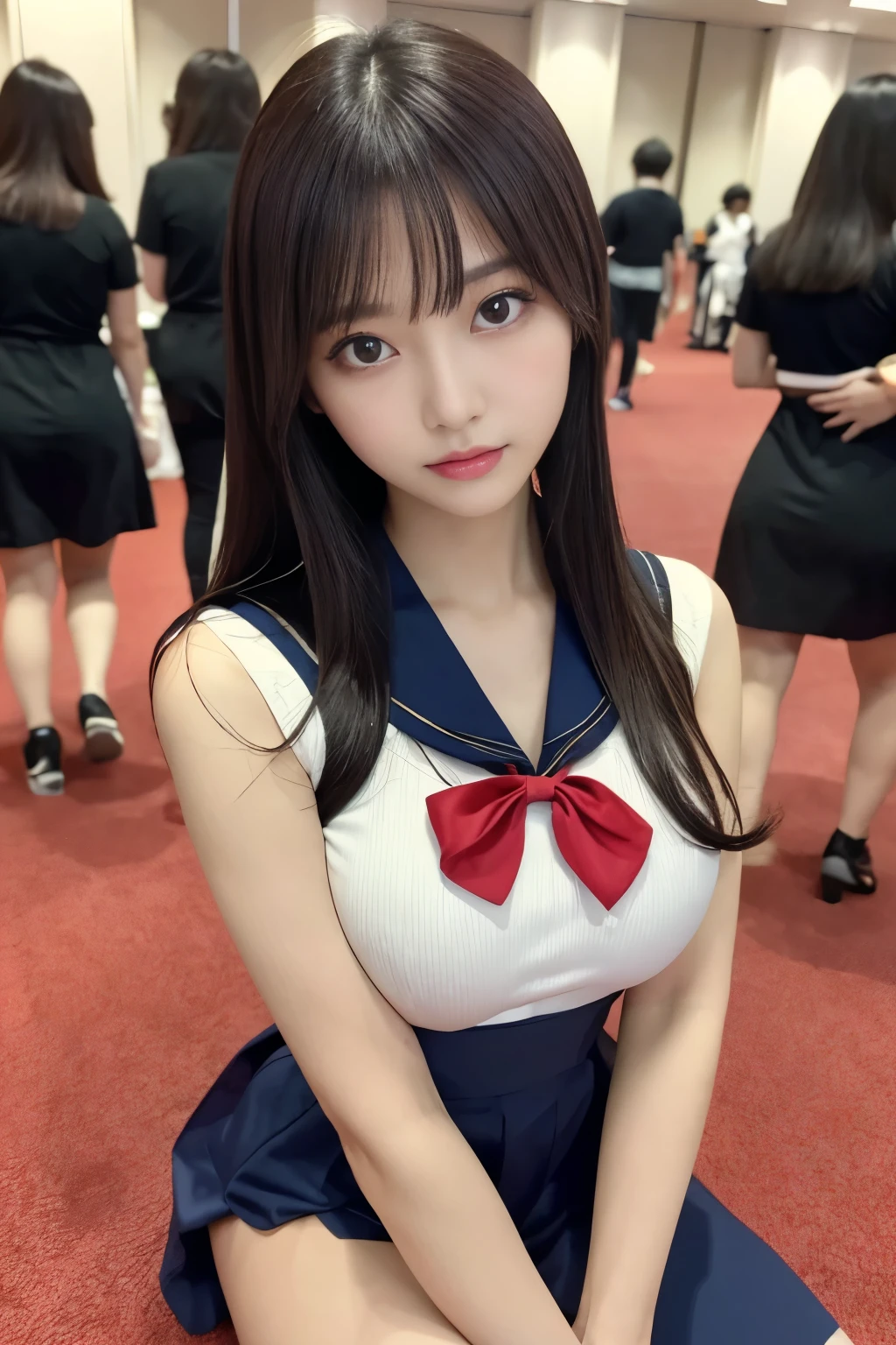Very beautiful girl, 25yo, Japanese, cosplay sailor moon, Big Breasts: 1.2, Full body, vibrant hair color, posing confidently, Indoors, convention center, Key lighting, Sexy, ultra realistic photo, Best quality, 8k, Masterpiece, high resolution, perfect figure, Sharp focus, perfect eyes, real eyes, pupil provided, Highly detailed face and skin texture, epic skin detail, Detailed beautiful eyes, Perfect Body, beauty, cute, double eyelids, proportionate hands, perfect hands, perfect face, captivating eyes, bright details, pouting lips (high skin details), key lighting, narrow waist