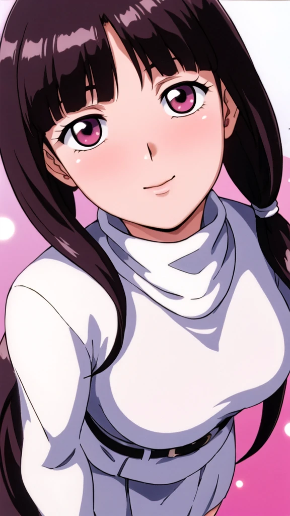 white turtleneck, black shirt,black long skirt,white belt,hair ornament, hair scrunchie,low ponytail,
long hair,bangs, black hair, blunt bangs,big red eyes,alone, 1 girl,Young female, 18 years old, very cute, smile, Beautiful Finger,Beautiful long legs,Beautiful body,Beautiful Nose,Beautiful character design, perfect eyes, perfect face,expressive eyes, looking at viewer, in the center of the image,(light_smile:0.5), official art,extremely detailed CG unity 8k wallpaper, perfect lighting,Colorful, Bright_Front_face_Lighting,shiny skin, (masterpiece:1.0),(best_quality:1.0), ultra high res,4K,ultra-detailed, photography, 8K, HDR, highres, absurdres:1.2, Kodak portra 400, film grain, blurry background, bokeh:1.2, lens flare, (vibrant_color:1.2), (beautiful_face:1.5), (curvy body), ashamed, blushing,