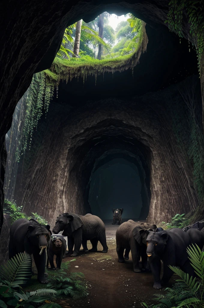 An illustration of a group of animals (black panther, tiger, elephant, monkey, and bear) entering a wide, dark cave with sparkling crystals on the walls. The cave's entrance is surrounded by dense jungle foliage, and the animals look both curious and excited."