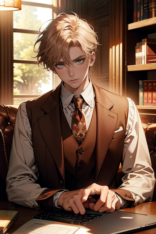 (Masterpiece artwork, high resolution, ultra detali:1.0), (ung boy, young male), Eyes looking at the camera, perfect male body, extremely detailed CG, 8 k wallpaper, Complicated Details, just people, face detailed,(chestnut hair, eyes browns, white shirt, brown overcoat,brown suit vest, cups, shadowy face, Sit in front of the laptop, Behind her is a large bookshelf, sitting at the work table, I was in the workroom), Color difference, Depth of field, dramatic shadow, Ray tracing, best qualityer, cinematic lighting, Dark lighting of the room, offcial art