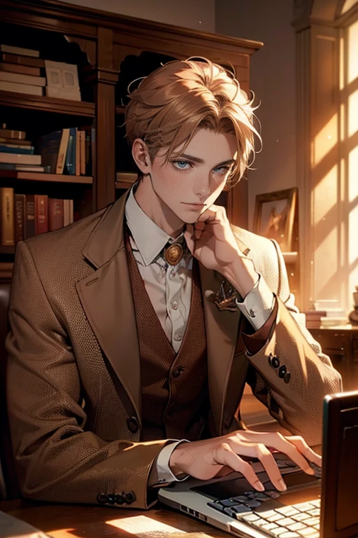 (Masterpiece artwork, high resolution, ultra detali:1.0), (1 young boy, young male), Eyes looking at the camera, perfect male body, extremely detailed CG, 8 k wallpaper, Complicated Details, just people, face detailed,(chestnut hair, eyes browns, white  shirt, brown overcoat,brown suit vest, cups, shadowy face, Sit in front of the laptop, Behind her is a large bookshelf, sitting at the work table, I was in the workroom), Color difference, Depth of field, dramatic shadow, Ray tracing, best qualityer, cinematic lighting, Dark lighting of the room, offcial art