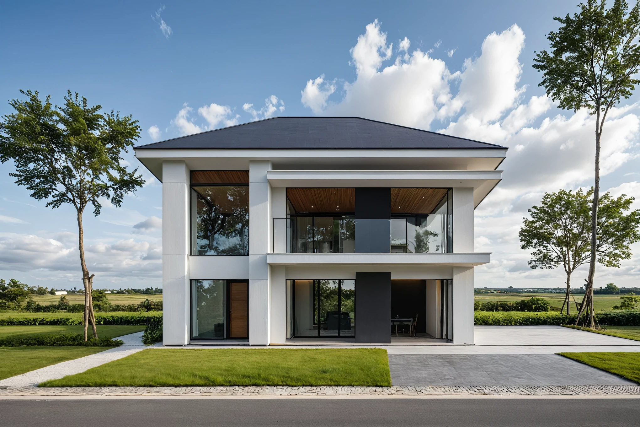 Masterpiece, high quality, best quality, authentic, super detail, outdoors, onestoreyvillaXL, aiaigroup, house style modern on the street ,stairs, white wall ,road,pavement, grass, trees, sky, cloud, (daylight:1.1)
