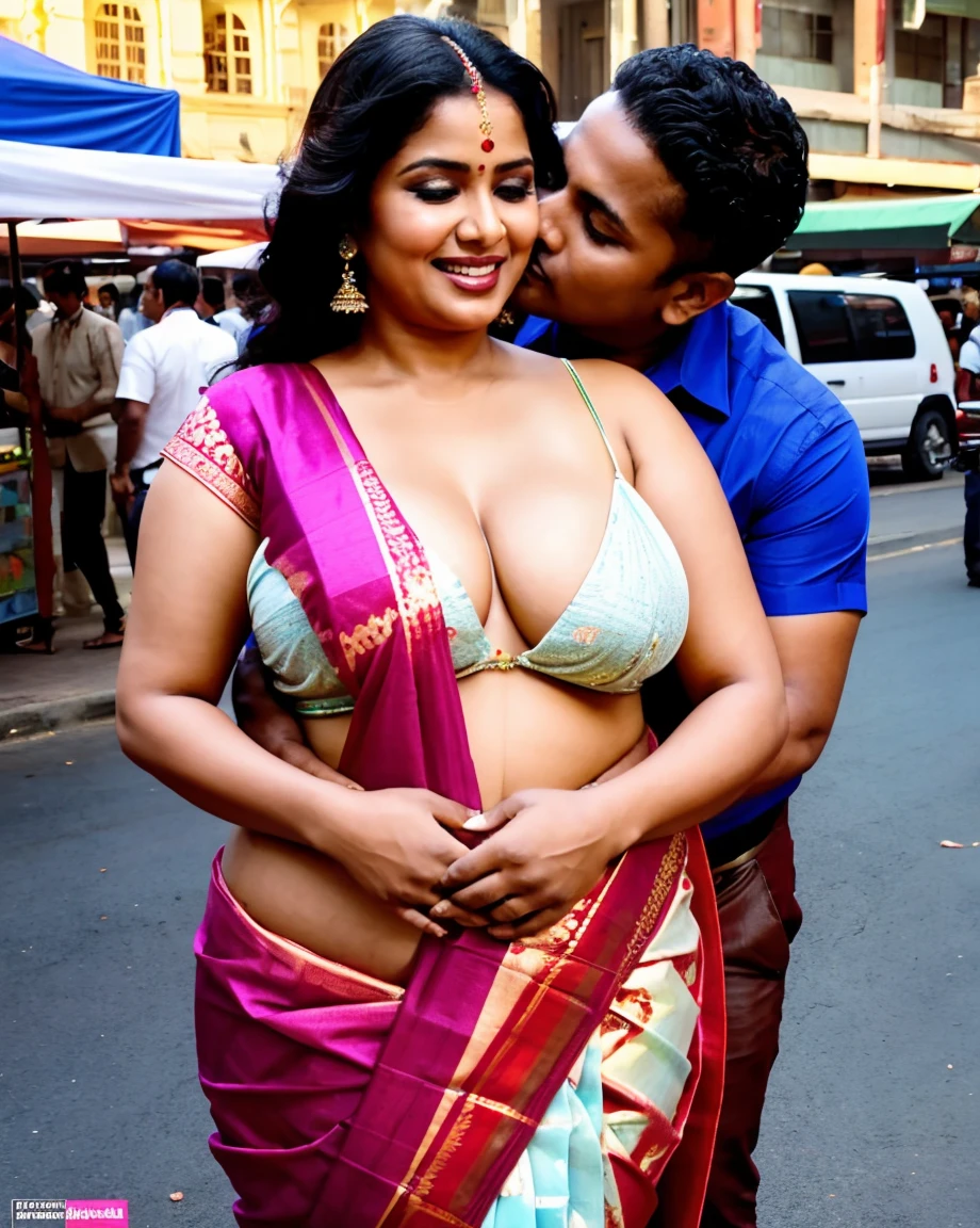 A beautiful gorgeous plump Indian 45-year-old woman wearing a saree, huge breasts, hot body curves, smiley face, white skin, standing on market , kissing a young  21 year man