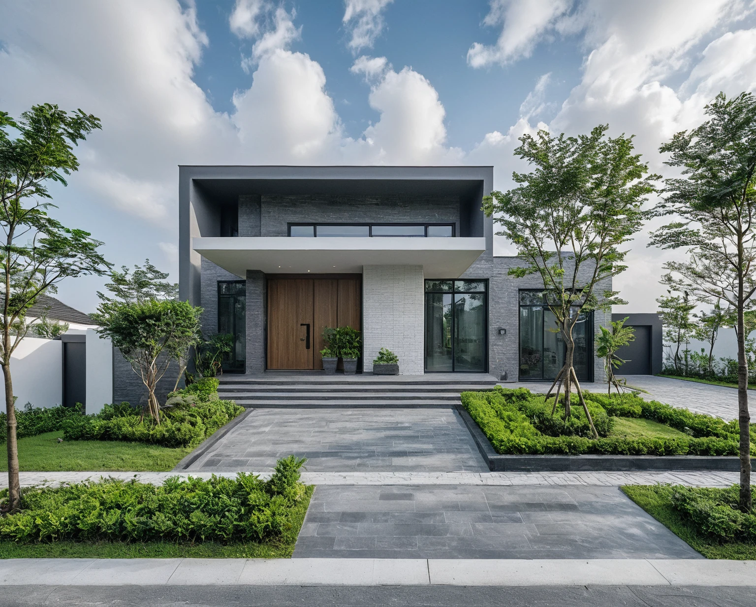 Raw photo, masterpiece, high quality, best quality, realistic, super detailed, outdoor, 2-storey house, modern townhouse style, (white wall), curved wall facade, aluminum interior door glass, curved planter, gray tiled accent wall, gray iron box exterior gate, road, sidewalk, grass, trees, sky, clouds, (daylight):1.1)