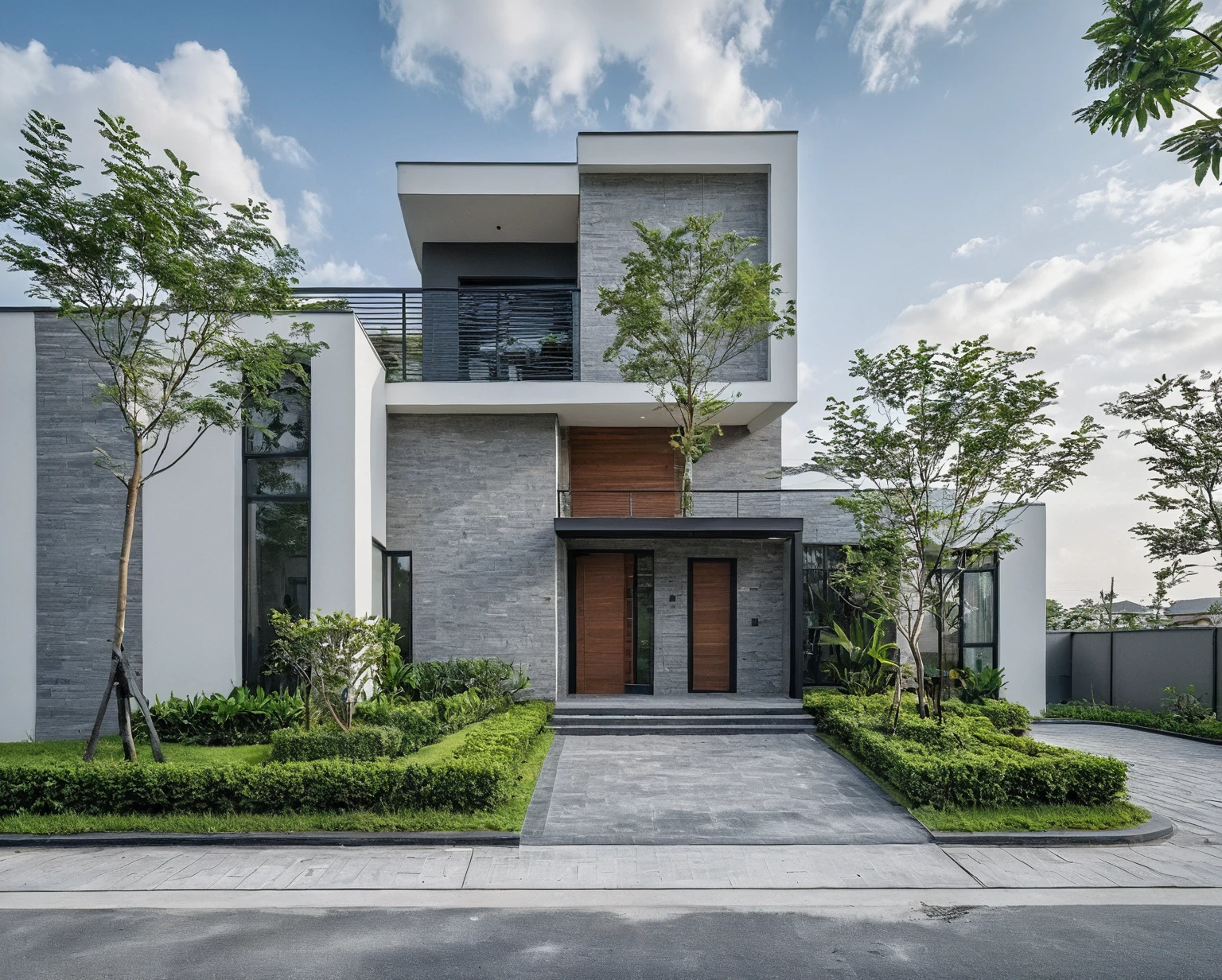 Raw photo, masterpiece, high quality, best quality, realistic, super detailed, outdoor, 2-storey house, modern townhouse style, (white wall), curved wall facade, aluminum interior door glass, curved planter, gray tiled accent wall, gray iron box exterior gate, road, sidewalk, grass, trees, sky, clouds, (daylight):1.1)