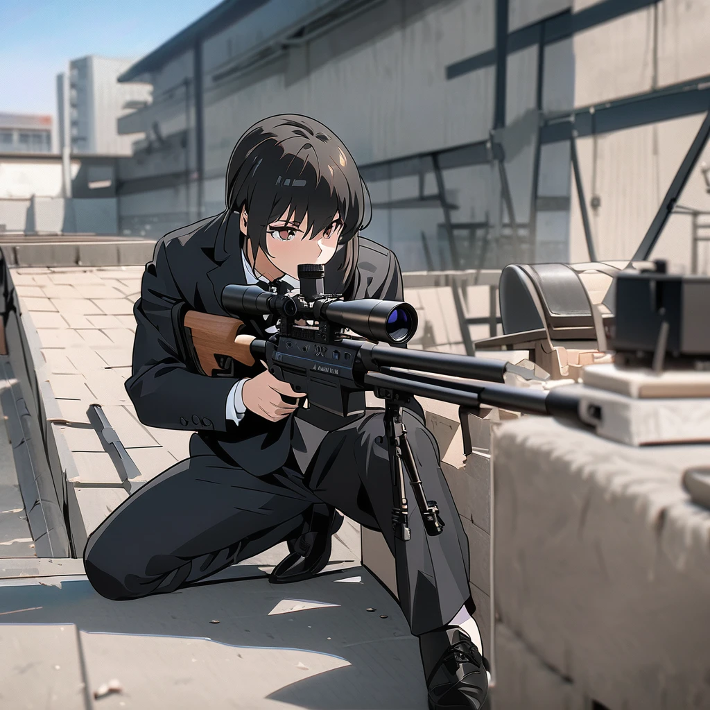 Masterpiece, ultra detailed, beautiful,Super Saturation, anime style, sniper, secret service, sniper rifle, black suit,AWM,Set up a sniper rifle from the rooftop,CS LR4 Precision Sniper System,look through the scope