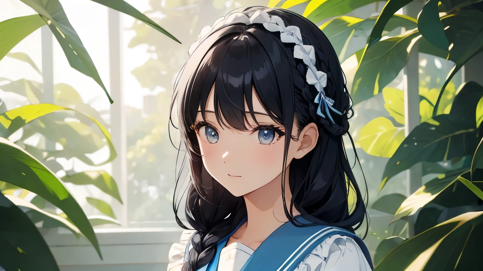 A beautiful woman wearing a light blue sailor suit with lots of frills and lace　Black hair braid with hair ornament　Upper Body