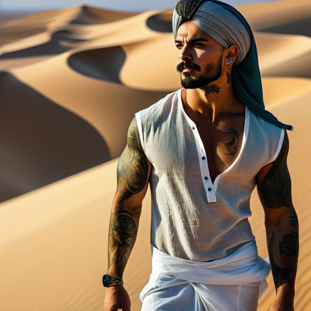 a beautiful model cyberpunk criminal young man, strong muscular man, dark hair, grey eyes, tattooed, short beard, standing on a dune in Sahara desert, bare chest, Arabic turban, white linen trousers, desert oasis, looking away from camera, peacock