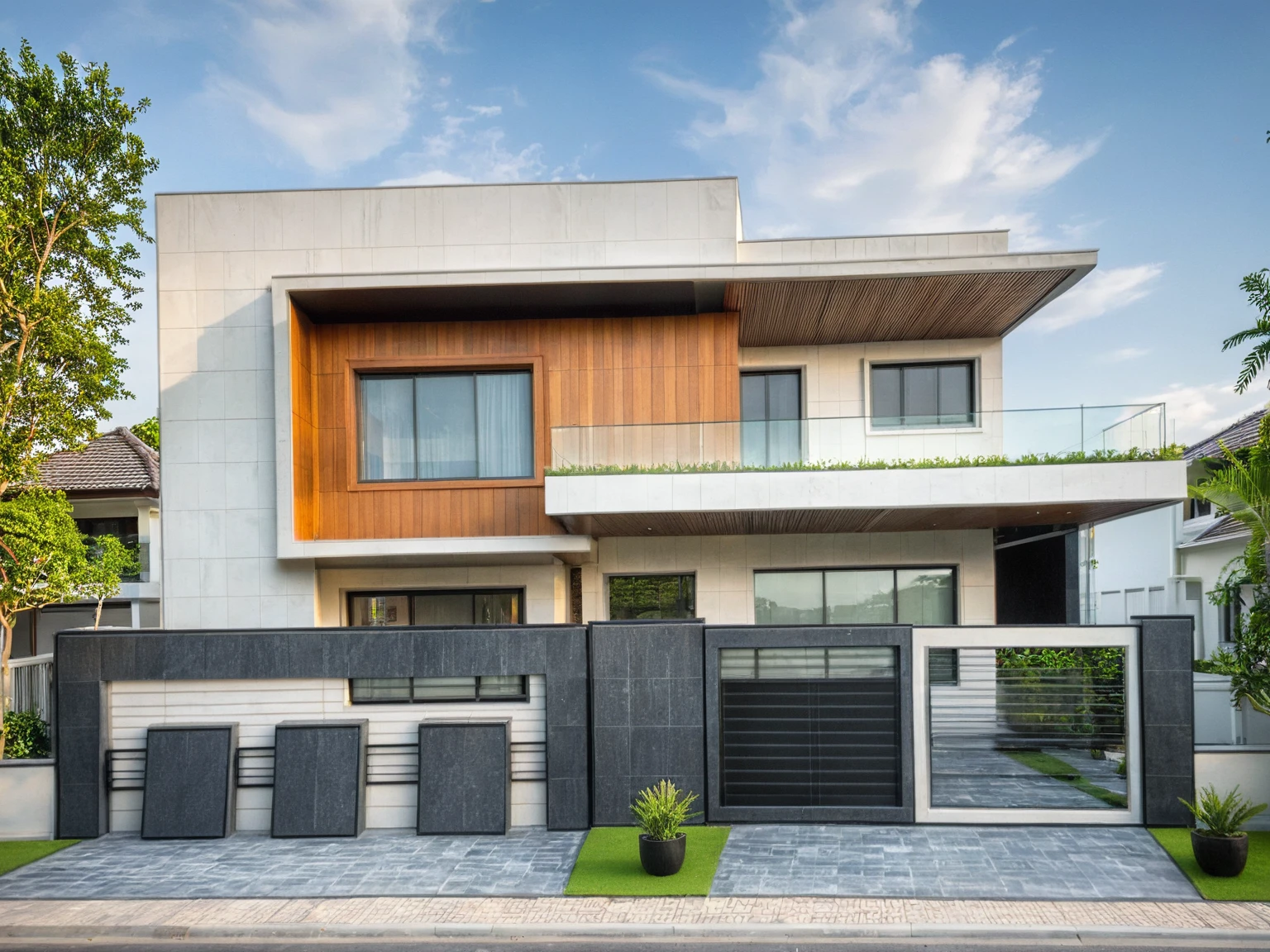 modern villa on street, (daylight), tropical tree, vivid colour, streetcapes, white tone, dark tiled granite wall, white wall, steel gate, large glass door, woodern ceiling, tray lighting, warm interior lighting, best quality,