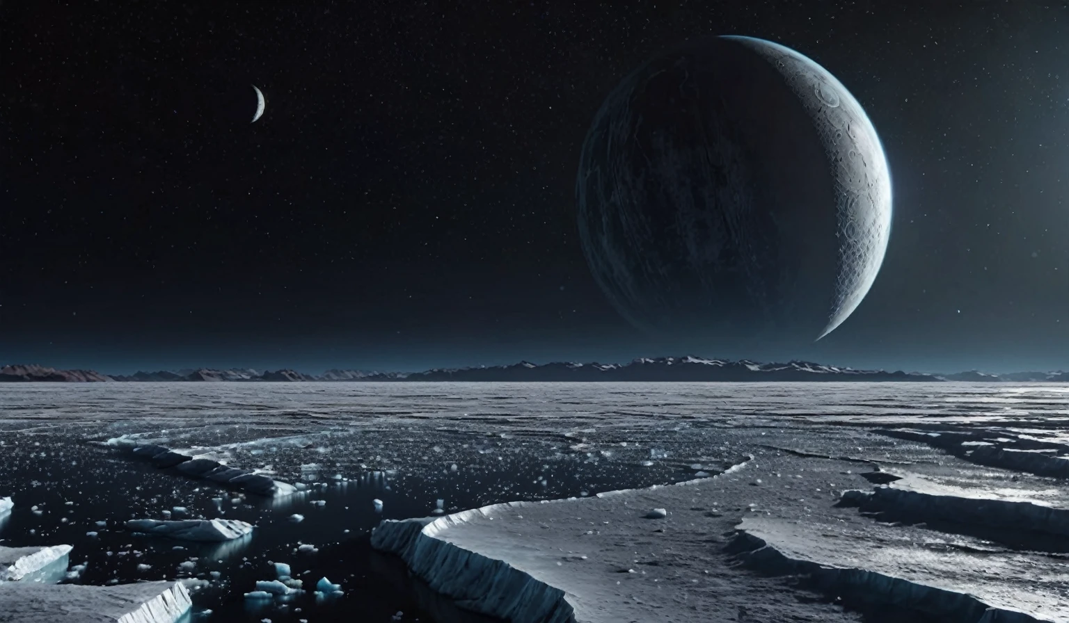 A distant view of the planet icy surface, the horizon is lit by an alien moon, the sky above the ice sheet is dark and starless, the scene should be cold with an eerie atmosphere, high resolution,Cinemagraph,,Super detailed,((highest quality)), Ultra-high resolution, (Realistic:1.4),Intricate details