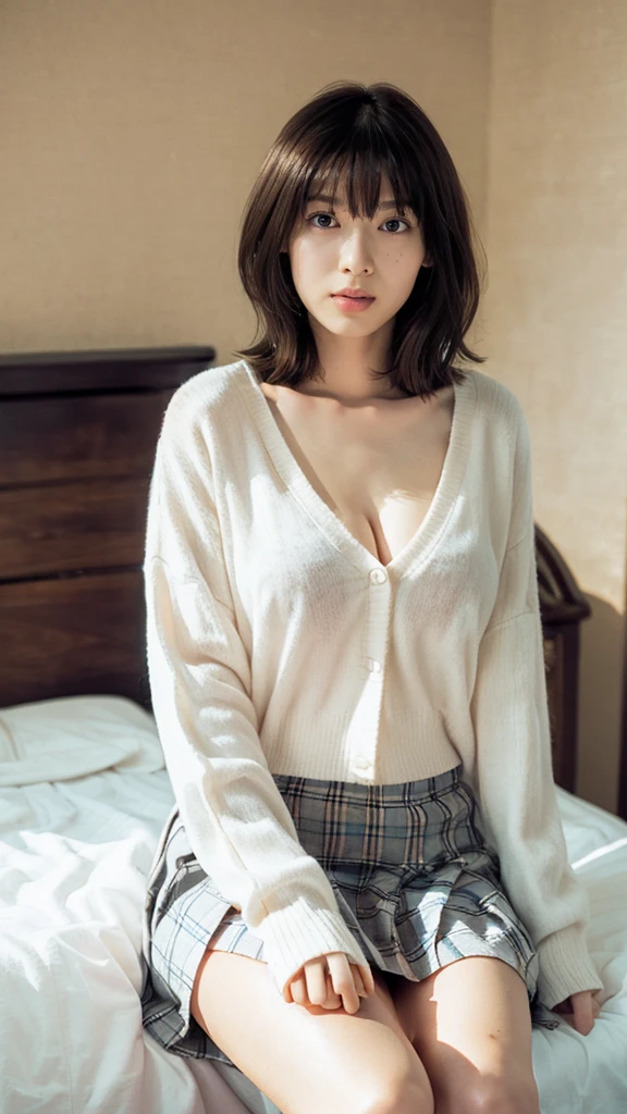 (masterpiece、Highest quality、Very detailed),alone、Natural body shape、White skin、Natural Makeup、Black Hair、bangs、Straight Long Hair、、(expensive  、Beige long sleeve cardigan、White blouse、Blue plaid pleated skirt)、、(Big Breasts:1.3)、((The upper body is wearing a uniform))、(((((Looking into the camera)))))、(((Portrait from head to knee)))、(((Exposing your thighs)))、Bedroom、On the bed、Sitting、((Focus on the crotch))