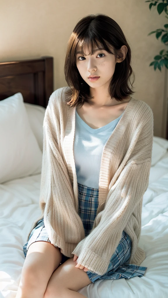 (masterpiece、Highest quality、Very detailed),alone、Natural body shape、White skin、Natural Makeup、Black Hair、bangs、Straight Long Hair、、(expensive  、Beige long sleeve cardigan、White blouse、Blue plaid pleated skirt)、、(Big Breasts:1.3)、((The upper body is wearing a uniform))、(((((Looking into the camera)))))、(((Portrait from head to knee)))、(((Exposing your thighs)))、Bedroom、On the bed、Sitting、((Focus on the crotch))