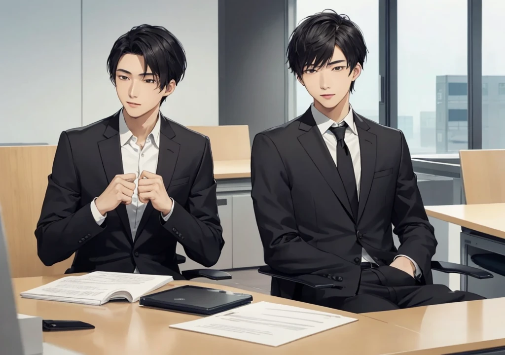 One man、good looking、20-year-old、In a suit、Sitting、
Short black hair、office、company interview、Talking alone