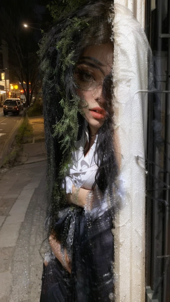 Há uma mulher new parada na calçada em frente a um prédio, pose sex casual, taken at the beginning of 2020, with long hair, at night, inspired by Ion Andreescu, new, photo of body without clothes, taken in 2 0 2 0, at night, foto tirada at night, very low quality image.