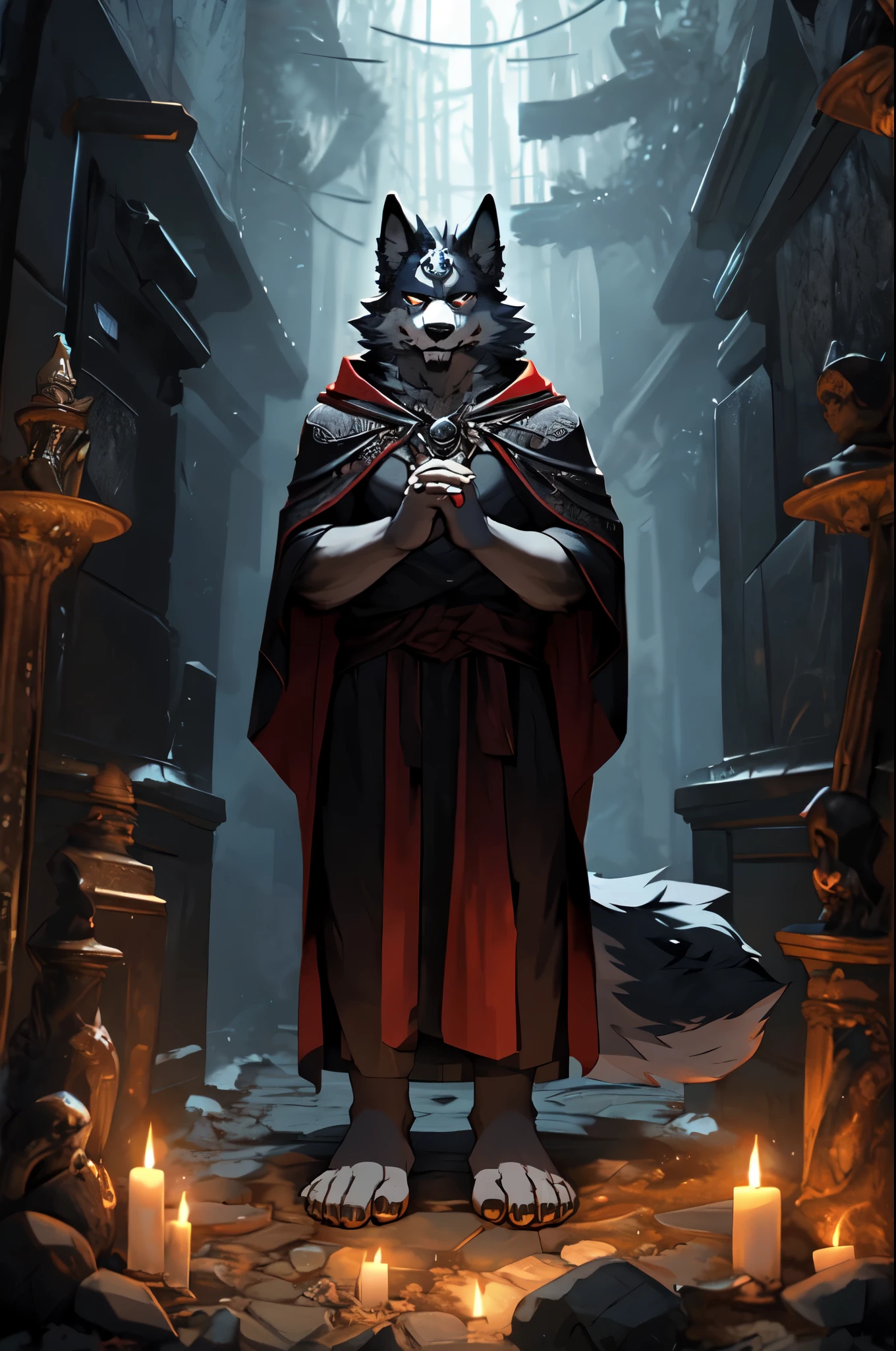 (((Barefoot furry character, full body, cinematic setting, furry male, plantigrade)))
(((Hades))) - (((God of the Underworld))) depicted as a mysterious (((wolf))) anthro with charcoal-gray fur and glowing amber eyes. He wears a dark hooded cloak that billows around him. Hades sits barefoot amidst eerie mist and shadows, with spectral forms and ghostly apparitions in the background. Symbols of the underworld like skeletal remains and obsidian pillars surround him. Cerberus, the three-headed dog, is at his side.
BREAK, detailed background, 8K, (masterpiece:1.5), intricate details, highly detailed, extreme detail, octane render, fine art, best quality, highres, (detailed face:1.5), ((full_body)), UHD, (((perfect hands))), (((perfect feet))), low light