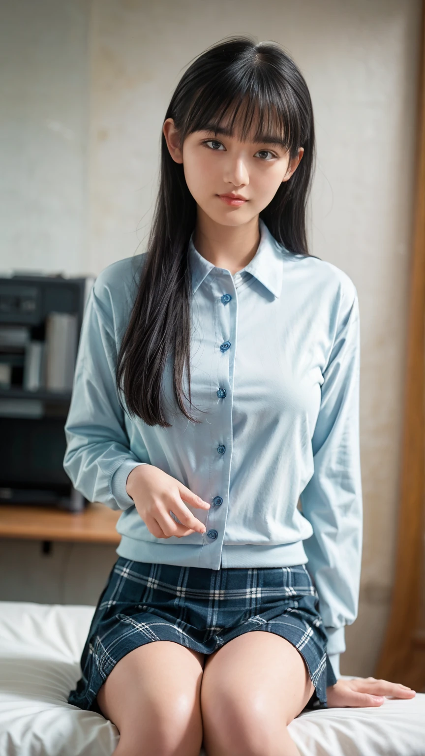 (masterpiece、Highest quality、Very detailed),alone、Natural body shape、White skin、Natural Makeup、Black Hair、bangs、Straight Long Hair、、(expensive 、Beige long sleeve cardigan、White blouse、Blue plaid pleated skirt)、、(Big Breasts:1.3)、((The upper body is wearing a uniform))、(((((Looking into the camera)))))、(((Portrait from head to knee)))、(((Exposing your thighs)))、Bedroom、On the bed、Sitting、((Focus on the crotch))