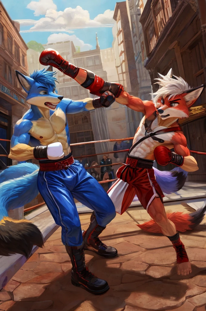 A pair of two anthropomorphic teenage male foxes participating in an epic kickboxing fight.