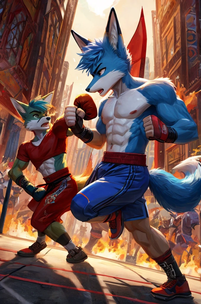 A pair of two anthropomorphic teenage male foxes participating in an epic kickboxing fight.