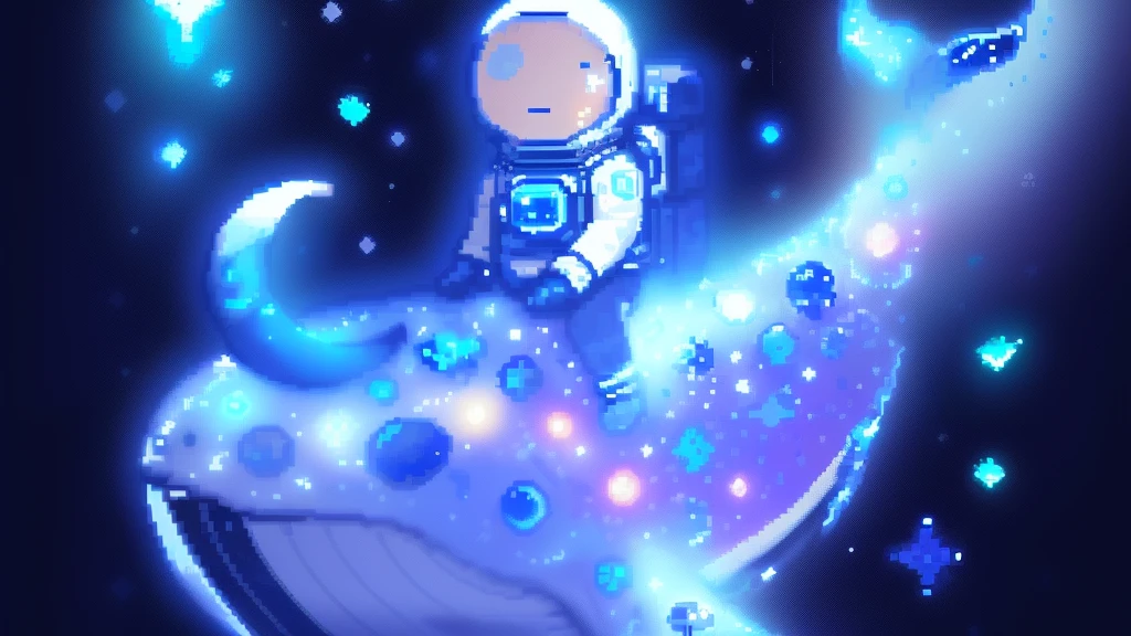 a close up of a whale with an astronaut on it, space magical whale, space whale, galaxy whale, subReddit / R / whale, sky whales, cyboRg whale, flying whale, glimmeRing whale,  astronaut, jen bartel, flying whales, pixel art", Small spaceship, of space tRavel, whale, pixel art style, high quality pixel aRt