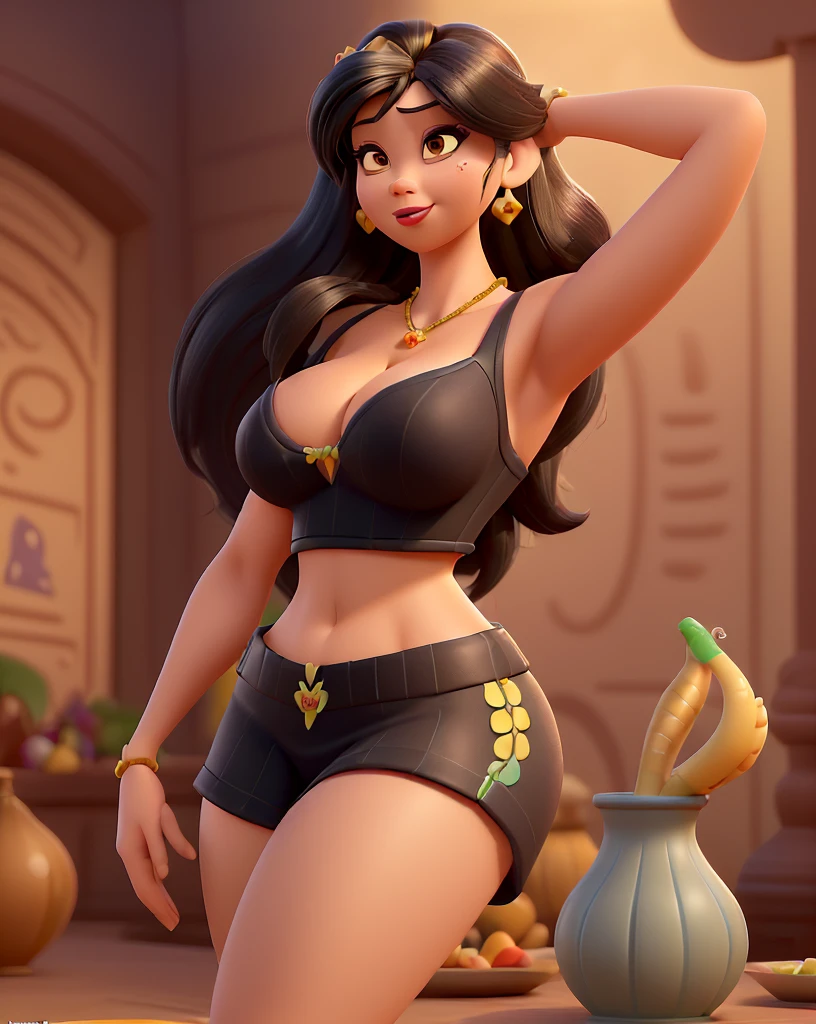 Cartoonized, Jasmine, Disney Princess, black hair, midriff top, solo, detailed, high quality, 4K, athletic figure, 34B breasts, sultry expression, exotic marketplace background with colorful fabrics, intricate architecture, and bustling crowds, warm colors, cleavage visible, nipples slightly visible, живой и правильный и симметричный взгляд