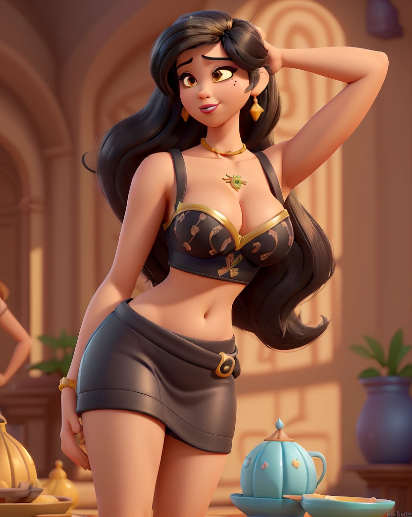 Cartoonized, Jasmine, Disney Princess, black hair, midriff top, solo, detailed, high quality, 4K, athletic figure, 34B breasts, sultry expression, exotic marketplace background with colorful fabrics, intricate architecture, and bustling crowds, warm colors, cleavage visible, nipples slightly visible, живой и правильный и симметричный взгляд