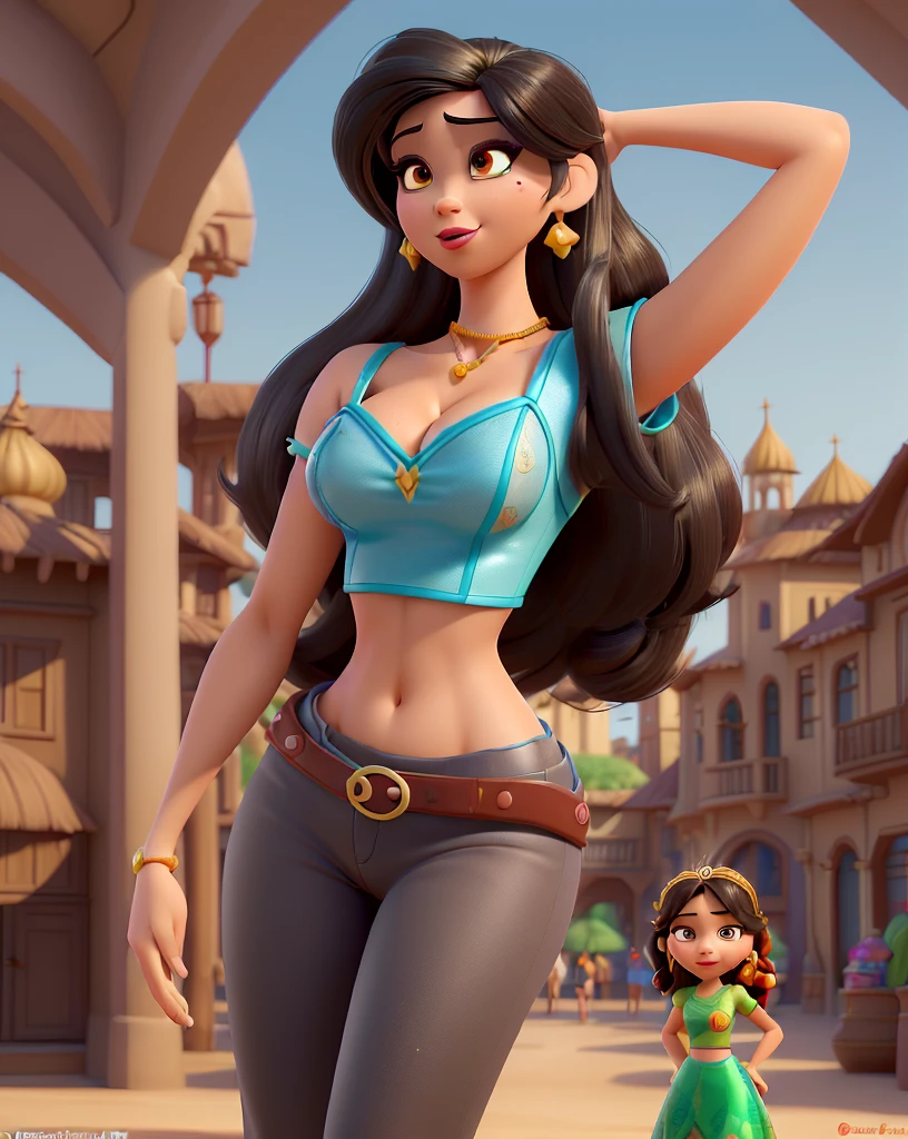 Cartoonized, Jasmine, Disney Princess, black hair, midriff top, solo, detailed, high quality, 4K, athletic figure, 34B breasts, sultry expression, exotic marketplace background with colorful fabrics, intricate architecture, and bustling crowds, warm colors, cleavage visible, nipples slightly visible, живой и правильный и симметричный взгляд