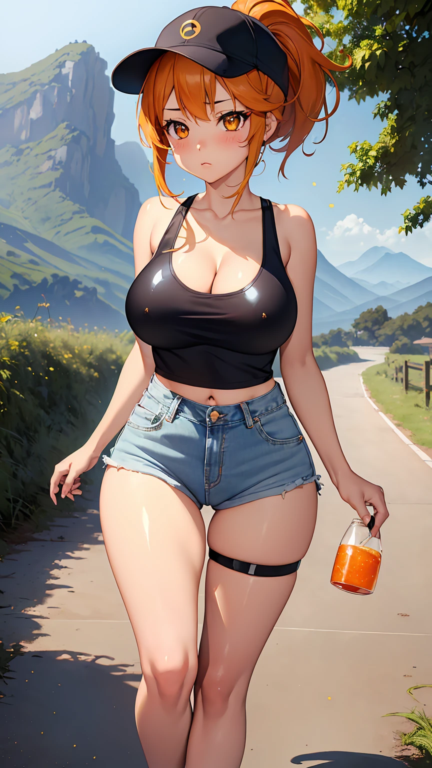 1girl, anime girl, anime, girl, 2d girl, 16y, (fullbody), standing, golden eyes, blowing kiss, blush, white hat, (short hair, ponytail, orange hair), ((black latex tank top, cleavage, areolae, areola, areola exposed)), Solo, Slim, medium breasts, medium ,medium Breasts, sfw, Tight Shorts, low waist shorts, upshorts, night flat terrain with mountains in the background, fireflies (stars in the sky), looking at viewer, darker shadows, (((explicit))), (((shorts))), (((absurdres))), (((thigh gap))), cameltoe, (((cameltoe))), (((cleft of venus))), (((lowleg shorts))),