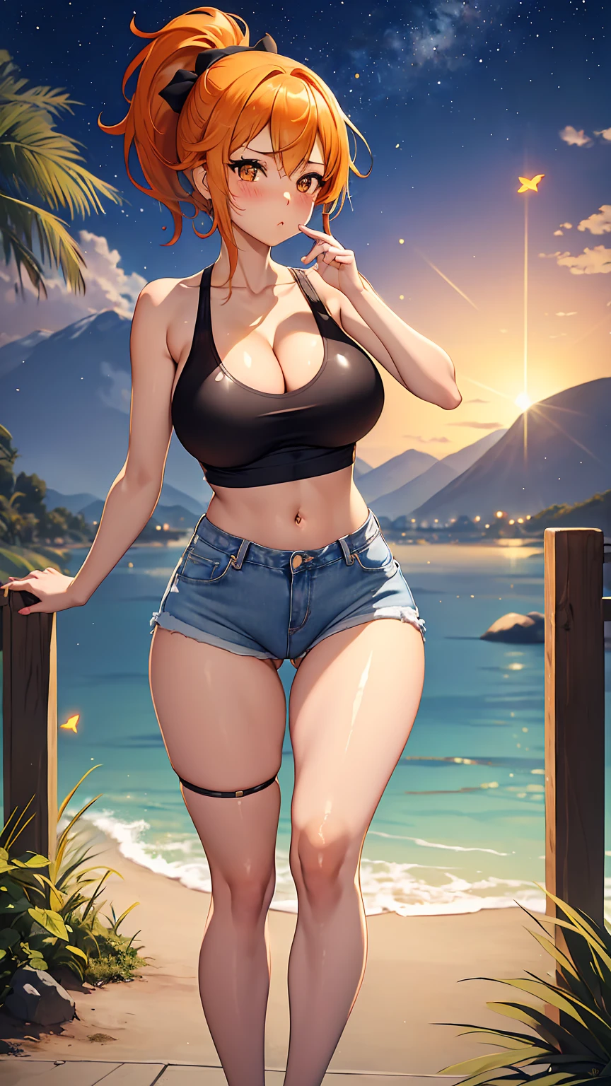 1girl, anime girl, anime, girl, 2d girl, 16y, (fullbody), standing, golden eyes, blowing kiss, blush, white hat, (short hair, ponytail, orange hair), ((black latex tank top, cleavage, areolae, areola, areola exposed)), Solo, Slim, medium breasts, medium ,medium Breasts, sfw, Tight Shorts, low waist shorts, upshorts, night flat terrain with mountains in the background, fireflies (stars in the sky), looking at viewer, darker shadows, (((explicit))), (((shorts))), (((absurdres))), (((thigh gap))), cameltoe, (((cameltoe))), (((cleft of venus))), (((lowleg shorts))),