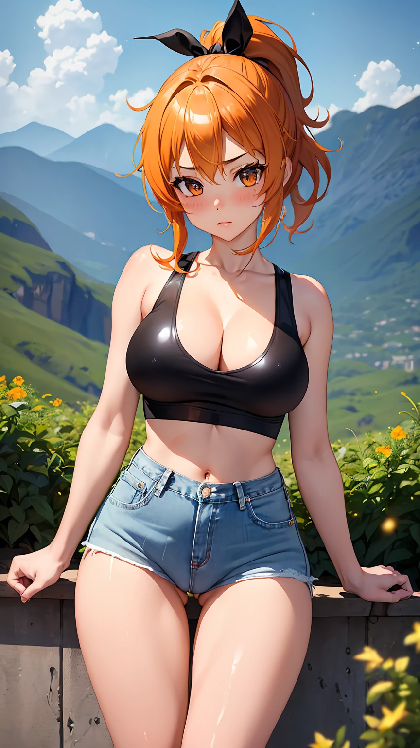 1girl, anime girl, anime, girl, 2d girl, 16y, (fullbody), standing, golden eyes, blowing kiss, blush, white hat, (short hair, ponytail, orange hair), ((black latex tank top, cleavage, , ,  exposed)), Solo, Slim, , medium ,, sfw, Tight Shorts, low waist shorts, upshorts, night flat terrain with mountains in the background, fireflies (stars in the sky), looking at viewer, darker shadows, ((())), (((shorts))), (((absurdres))), (((thigh gap))), , ((())), ((())), (((lowleg shorts))),