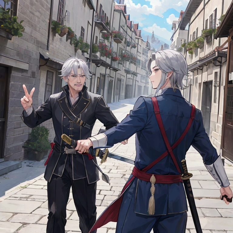 Middle-aged men、Gray Hair、Dressed as an adventurer、Holding a sword、Teaching residents the basics of defense and attack。A scene where the residents are being trained in the town square