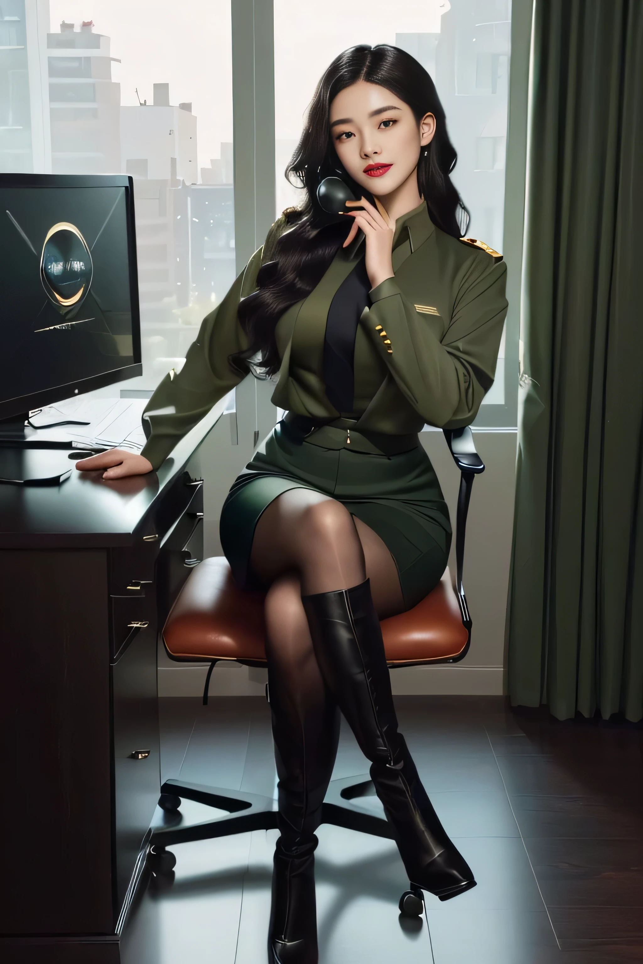 (full body),In the office, a Chinese beauty wearing a uniform,(Retro finger waves),finger waves, with perfect facial features, hot ass giri, smile, lipstick, red lip,Deep olive green tight fitting wool jacket, a brown-green shirt,wearing (Black uniform tie),Deep Olive Green Wool Pencil Skirt, (Black high heeled knee high boots), Sitting in a chair and making phone callss,full body,Sitting in front of the computer,( Making a phone call using a landline), (male colleague standing behind), a girl, a boy, full body , office,desk, chair, Landline , night, bright lighting, Best quality, masterpiece, ultra highs, (photosensitive: 1.4), deep shadow, low-key, 8k portal of beautiful, integrated, elegantly, highly detailed, Majestic, digital photography, art by artwork and run jia and greg rutkowski, (masterpiece, sidelighting, finely detailed beautiful eyes: 1.2), HDR, Detailed background,