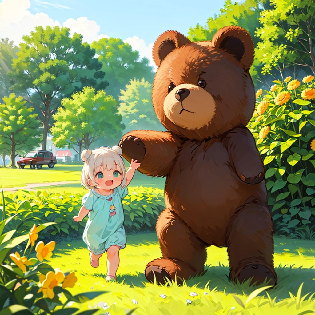(best quality,4k,8k,highres,masterpiece:1.2),ultra-detailed,(realistic,photorealistic,photo-realistic:1.37),Illustration, tiny thong, back view, looking at viewer, 7 years ago, Octane Render,morning park,a  walking with a teddy bear, the girl has a bun hairstyle and a smiling face, vibrant colors, soft sunlight, beautiful flowers, green grass, playful atmosphere, peaceful environment,detailed textures, vibrant colors, cute teddy bear outfit, joyful expression