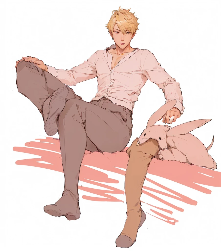 anime drawing of a man sitting on a bed with a dog, he has goat man legs, handsome anime pose, pikachu as a human, high quality fanart, inspired by Sadamichi Hirasawa, relaxed pose, at pixiv, delicate androgynous prince, neutral pose, zerochan, alphonse, zerochan art, hidari and vlop