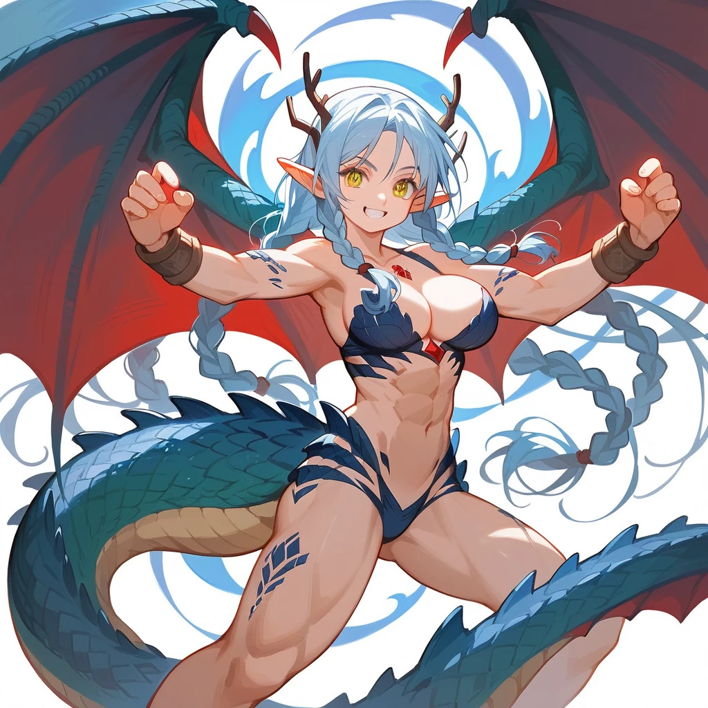 masterpiece, best quality, ultra-detailed,very detailed illustrations, extremely detailed, super complex details,extremely detailed 8k cg wallpaper,(beautiful and aesthetic:1.2), (1girl), (fractal art:1.3), cute young girl, light blue hair, long hair, small braids hair, yellow eyes, elf ears, dragon tail, dragon thorn, muscular body, big breast, smile, fight pose